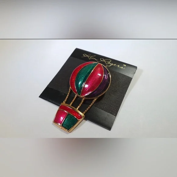Kim Rogers Vintage Hot Air Balloon Gold Tone Brooch With Red, Purple, & Green. - Picture 10 of 11